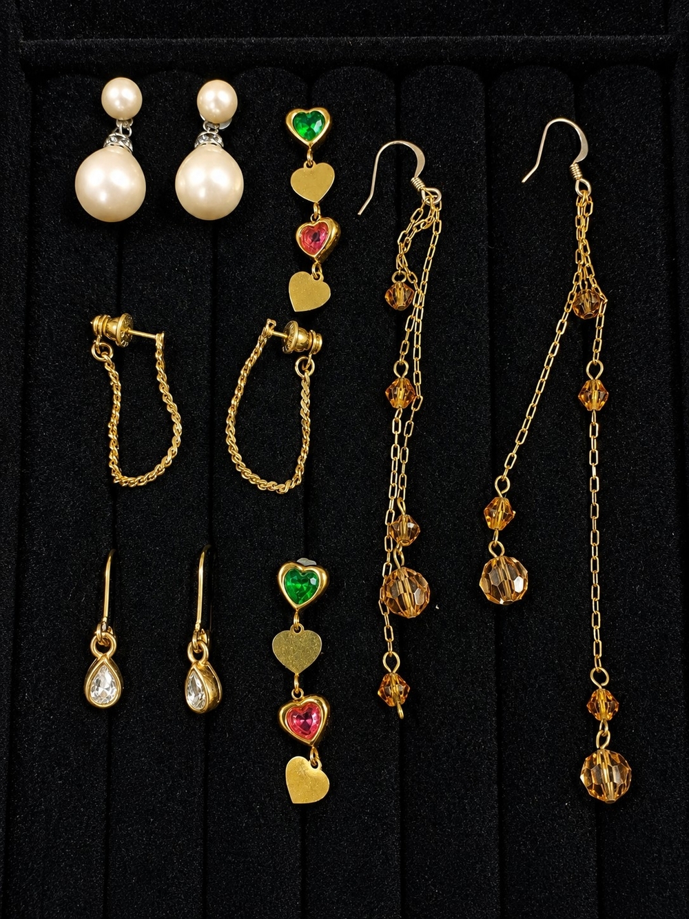Vintage Earrings Lot 5 Pairs Gold Tone Pearl Hearts Crystal Dangle Pierced